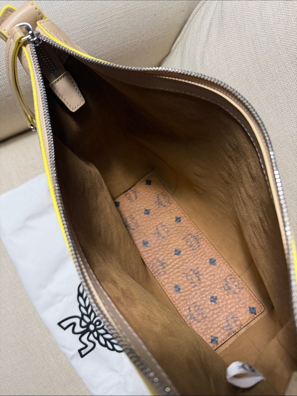 MCM Taupe Leather Shoulder Bag with Yellow Trim - Picture 5 of 10